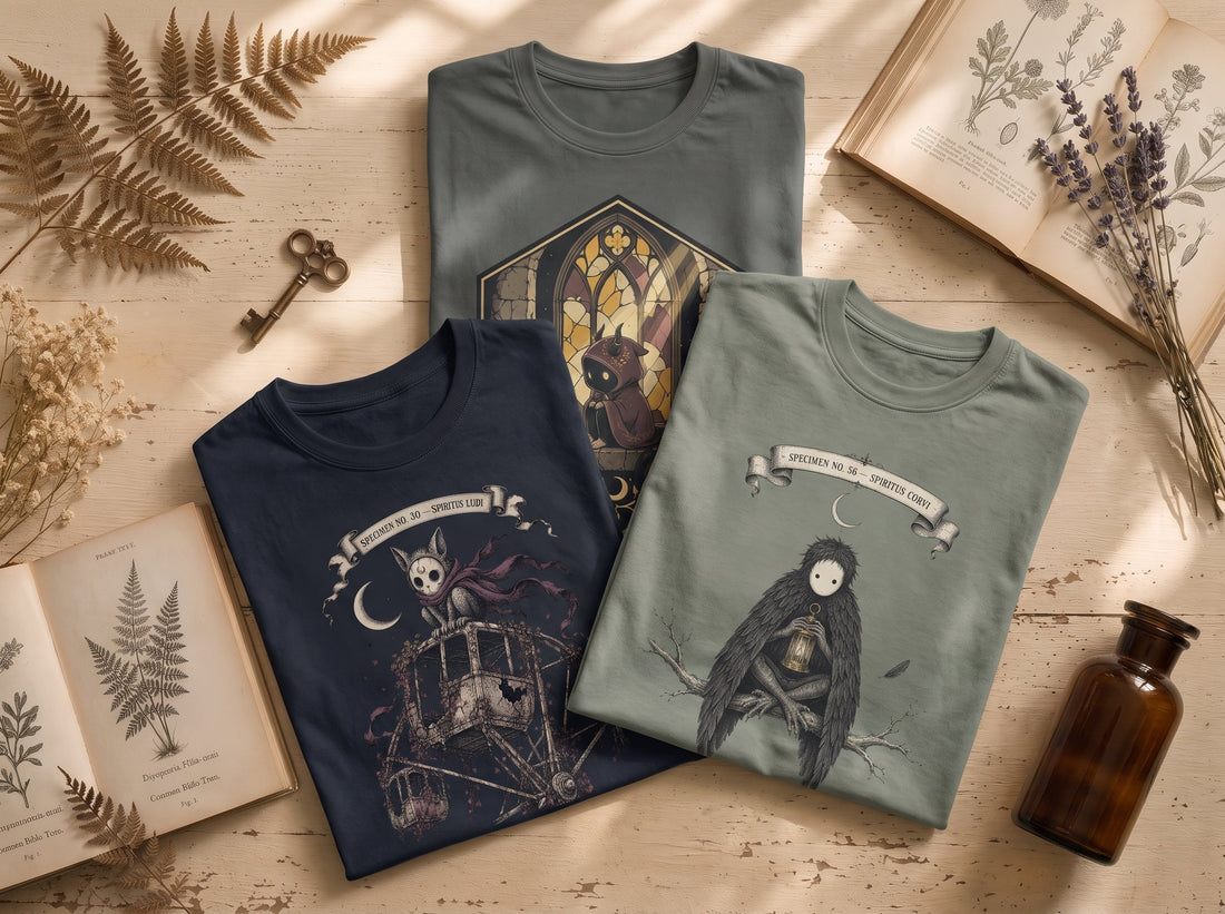 Gothic gift ideas for readers — Windowsill Vigil, Spiritus Ludi, and Spiritus Corvi specimen-plate t-shirts folded together on a wood table with dried fern, an old book, a brass key, and an apothecary bottle