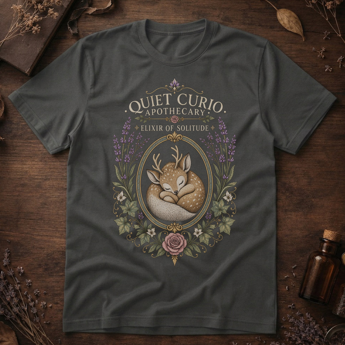 Dark gray t-shirt with a vintage apothecary label design: a sleeping fawn with white spots framed in an oval of lavender sprigs and a pink rose, labeled 'Elixir of Solitude'.