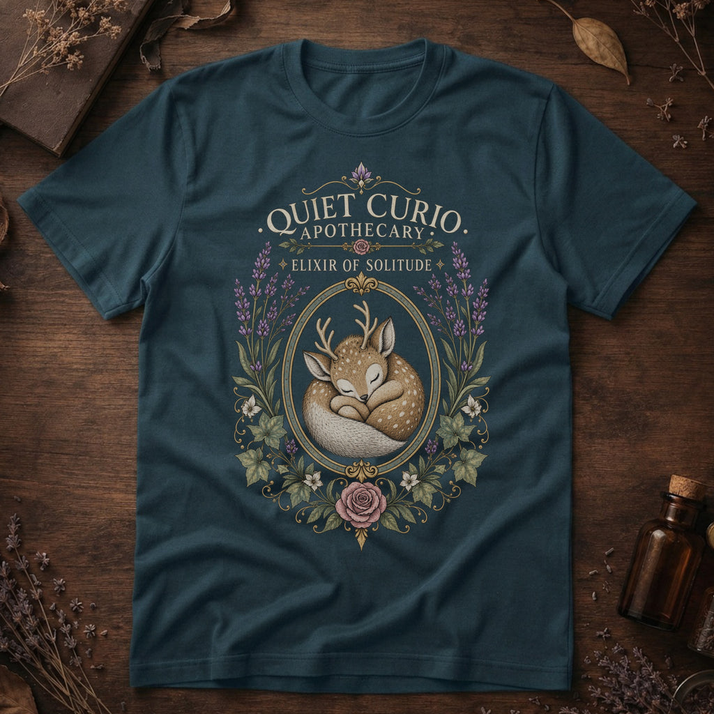 Deep teal t-shirt with a vintage apothecary label design: a sleeping fawn with white spots framed in an oval of lavender sprigs and a pink rose, labeled 'Elixir of Solitude'.