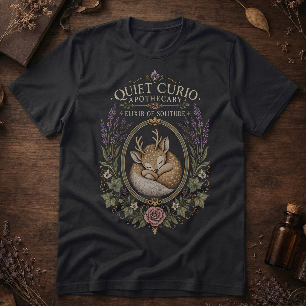 Vintage black t-shirt with a vintage apothecary label design: a sleeping fawn with white spots framed in an oval of lavender sprigs and a pink rose, labeled 'Elixir of Solitude'.