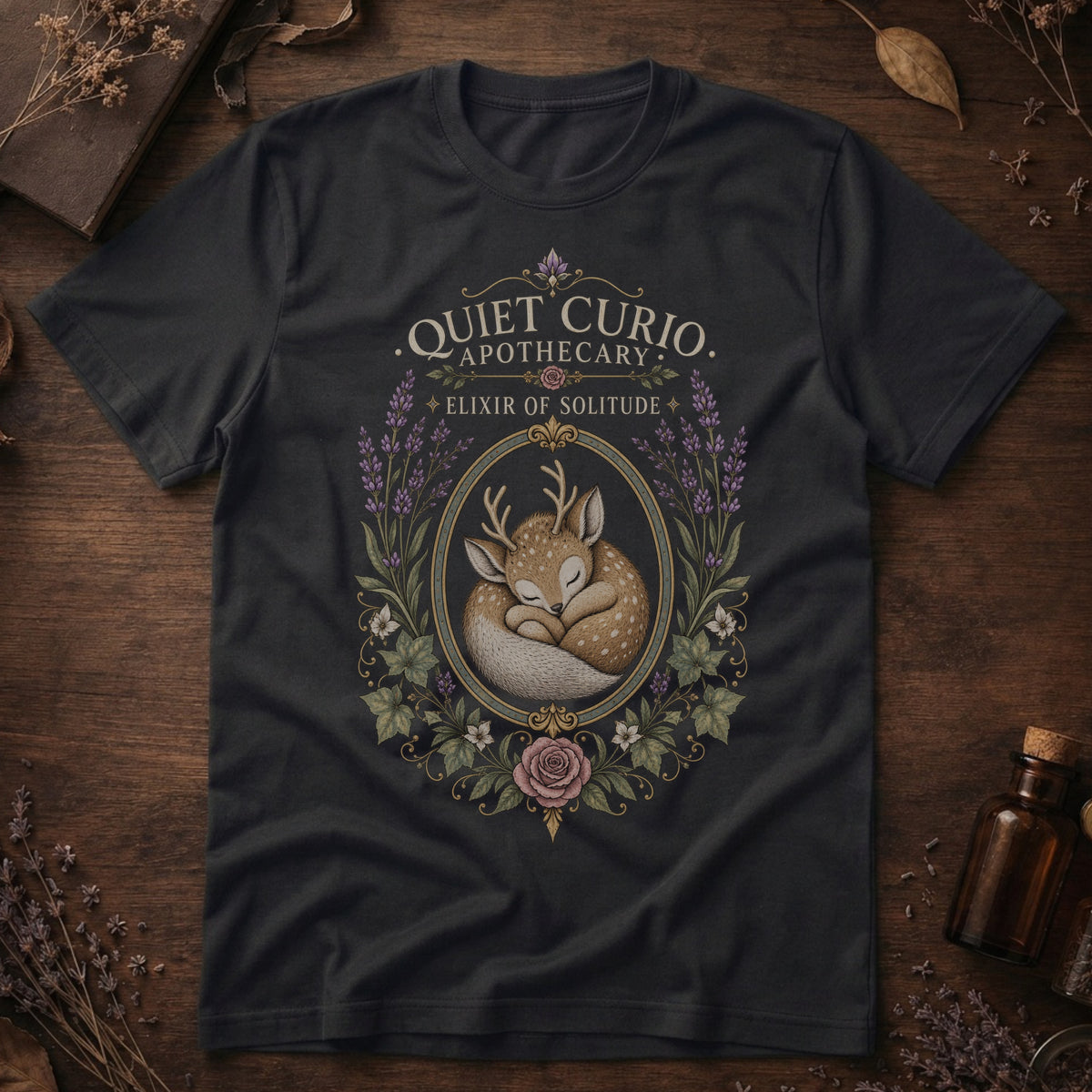 Vintage black t-shirt with a vintage apothecary label design: a sleeping fawn with white spots framed in an oval of lavender sprigs and a pink rose, labeled 'Elixir of Solitude'.