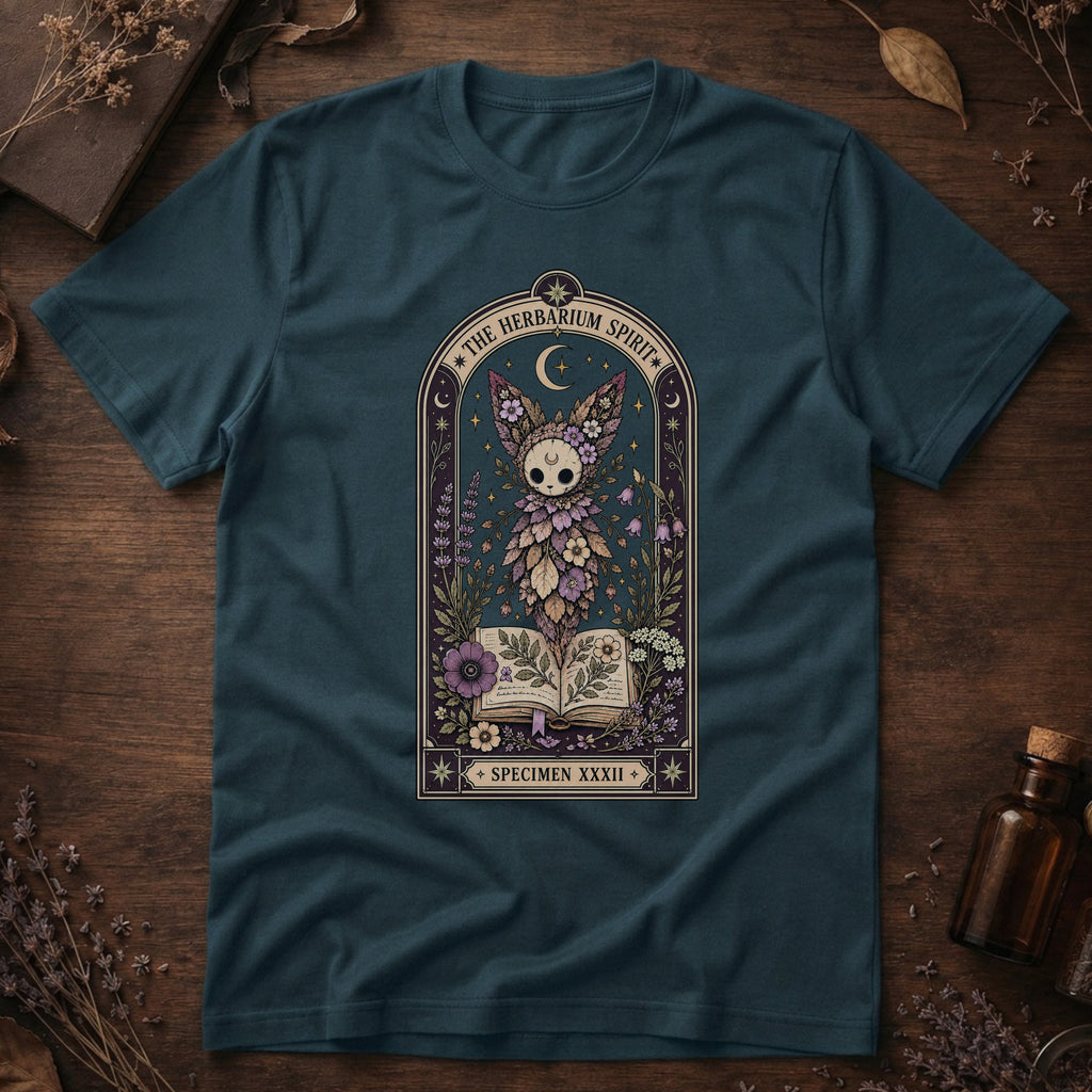 Deep teal t-shirt with a gothic herbarium illustration: a skull-shaped plant sprouting purple and pink flowers above an open botanical book, framed in an arch with a crescent moon.