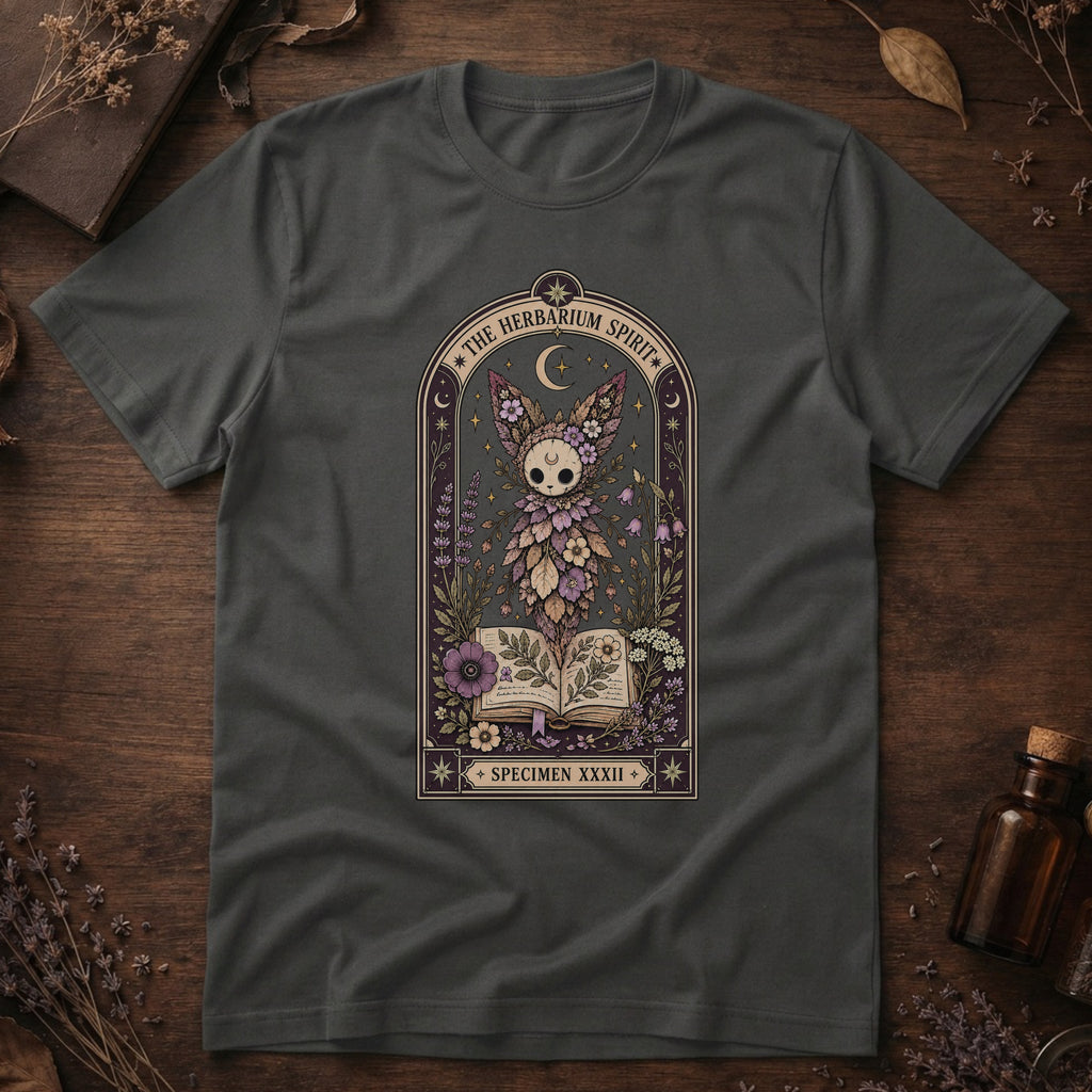 Charcoal gray t-shirt with a gothic herbarium illustration: a skull-shaped plant sprouting purple and pink flowers above an open botanical book, framed in an arch with a crescent moon.
