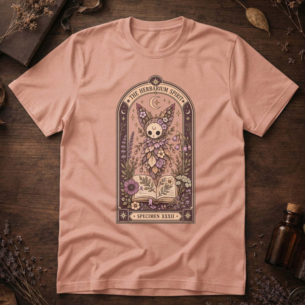 Peach t-shirt with a gothic herbarium illustration: a skull-shaped plant sprouting purple and pink flowers above an open botanical book, framed in an arch with a crescent moon.