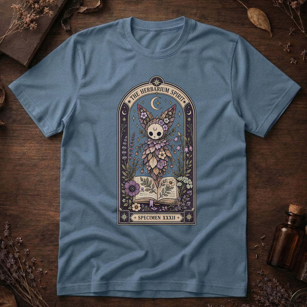 Steel blue t-shirt with a gothic herbarium illustration: a skull-shaped plant sprouting purple and pink flowers above an open botanical book, framed in an arch with a crescent moon.