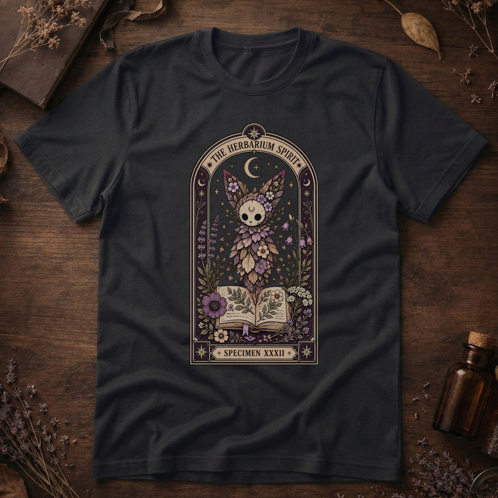 Vintage black t-shirt with a gothic herbarium illustration: a skull-shaped plant sprouting purple and pink flowers above an open botanical book, framed in an arch with a crescent moon.