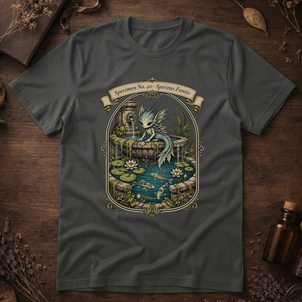Asphalt grey t-shirt with an ornate illustration of a pale blue water dragon spirit resting on a moss-covered stone fountain among lily pads and koi.
