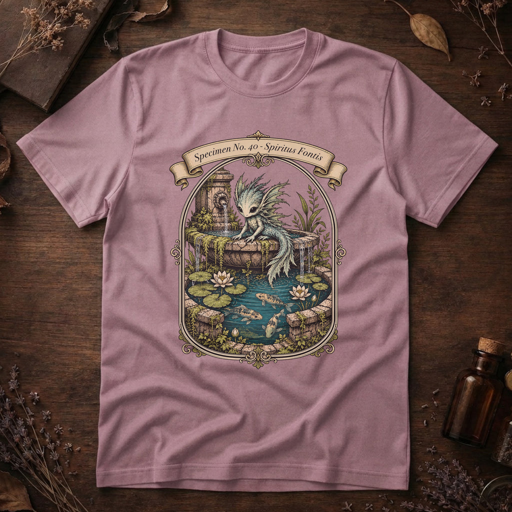 Orchid pink t-shirt with an ornate illustration of a pale blue water dragon spirit resting on a moss-covered stone fountain among lily pads and koi.
