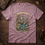Orchid pink t-shirt with an ornate illustration of a pale blue water dragon spirit resting on a moss-covered stone fountain among lily pads and koi.