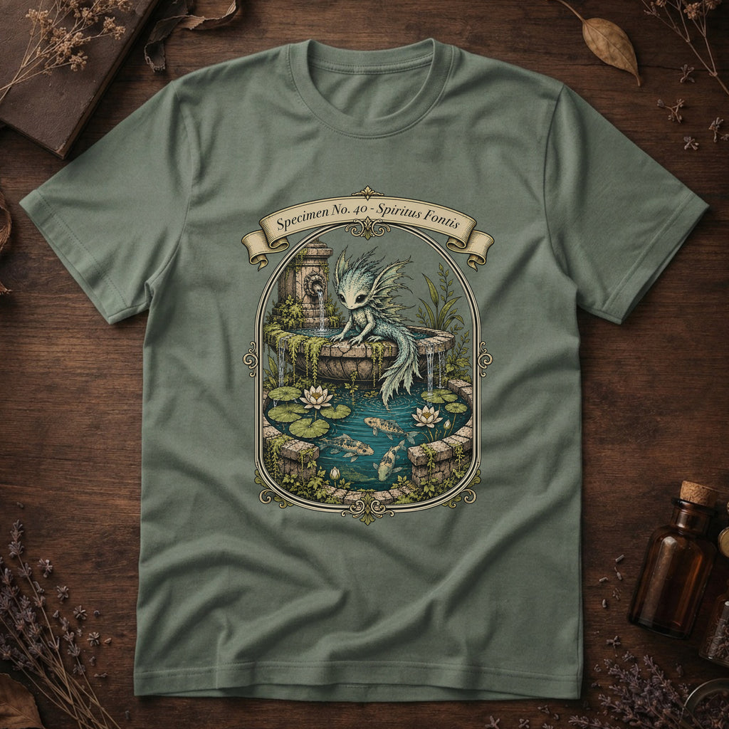 Sage green t-shirt with an ornate illustration of a pale blue water dragon spirit resting on a moss-covered stone fountain among lily pads and koi.
