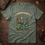 Sage green t-shirt with an ornate illustration of a pale blue water dragon spirit resting on a moss-covered stone fountain among lily pads and koi.