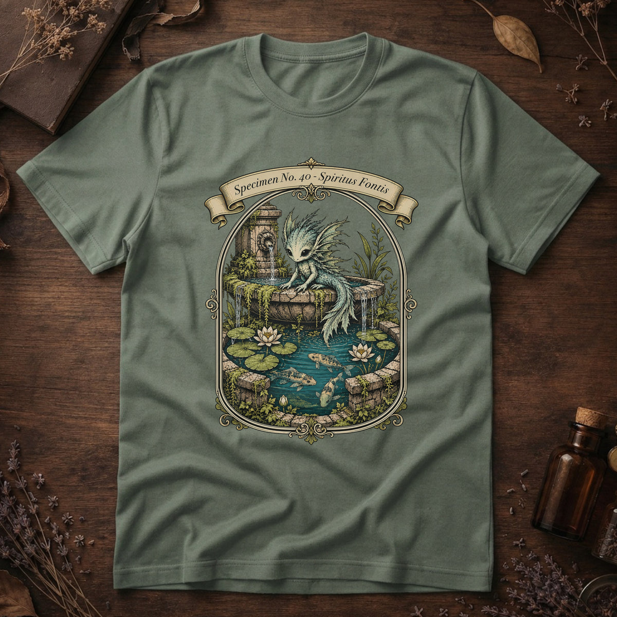 Sage green t-shirt with an ornate illustration of a pale blue water dragon spirit resting on a moss-covered stone fountain among lily pads and koi.