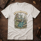 Vintage white t-shirt with an ornate illustration of a pale blue water dragon spirit resting on a moss-covered stone fountain among lily pads and koi.