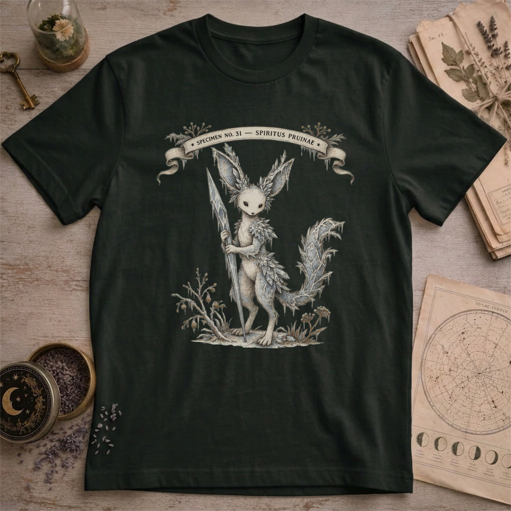 Black t-shirt with a vintage illustration of a winged rabbit-like frost spirit holding a spear, surrounded by botanical linework and a Specimen No. 31 banner.