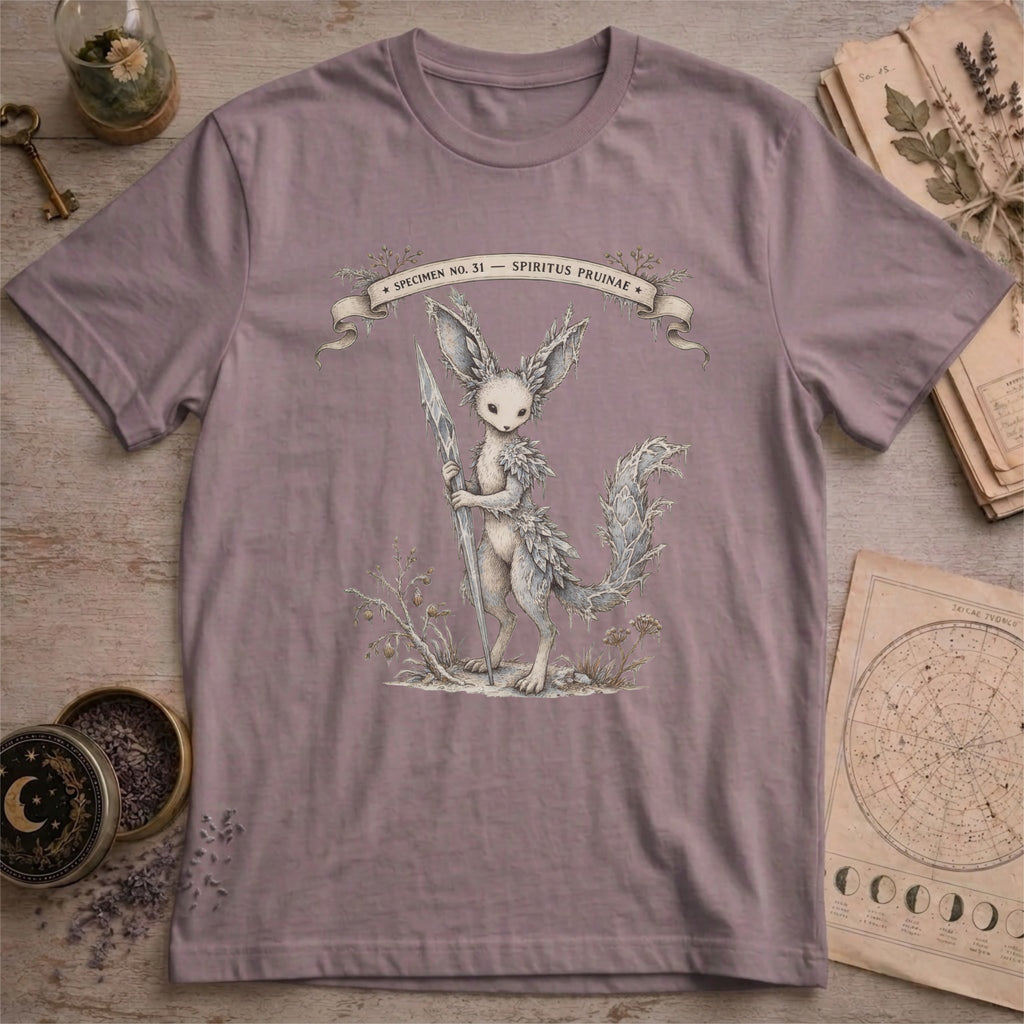 Orchid pink t-shirt with a vintage illustration of a winged rabbit-like frost spirit holding a spear, surrounded by botanical linework and a Specimen No. 31 banner.