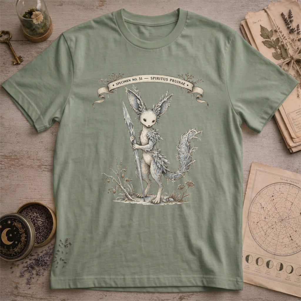 Sage green t-shirt with a vintage illustration of a winged rabbit-like frost spirit holding a spear, surrounded by botanical linework and a Specimen No. 31 banner.