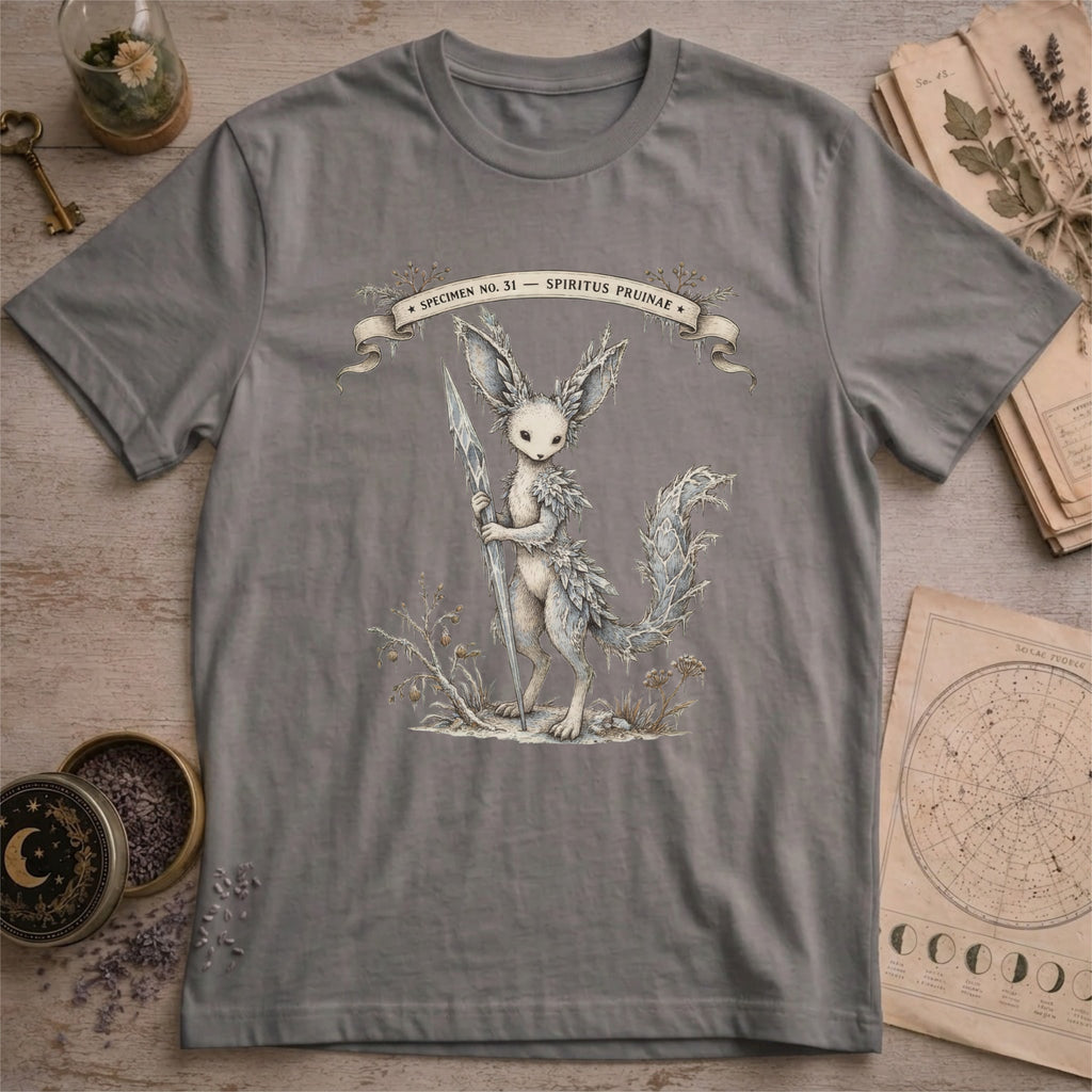 Storm grey t-shirt with a vintage illustration of a winged rabbit-like frost spirit holding a spear, surrounded by botanical linework and a Specimen No. 31 banner.