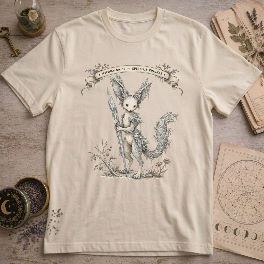 Vintage white t-shirt with a vintage illustration of a winged rabbit-like frost spirit holding a spear, surrounded by botanical linework and a Specimen No. 31 banner.