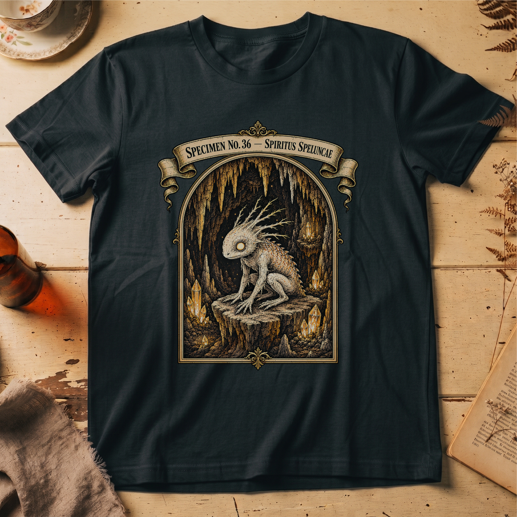 Black t-shirt with a gothic illustration of a horned, single-eyed cave spirit perched on glowing crystal formations inside an arched cavern frame.