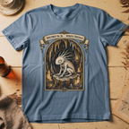 Steel blue t-shirt with a gothic illustration of a horned, single-eyed cave spirit perched on glowing crystal formations inside an arched cavern frame.