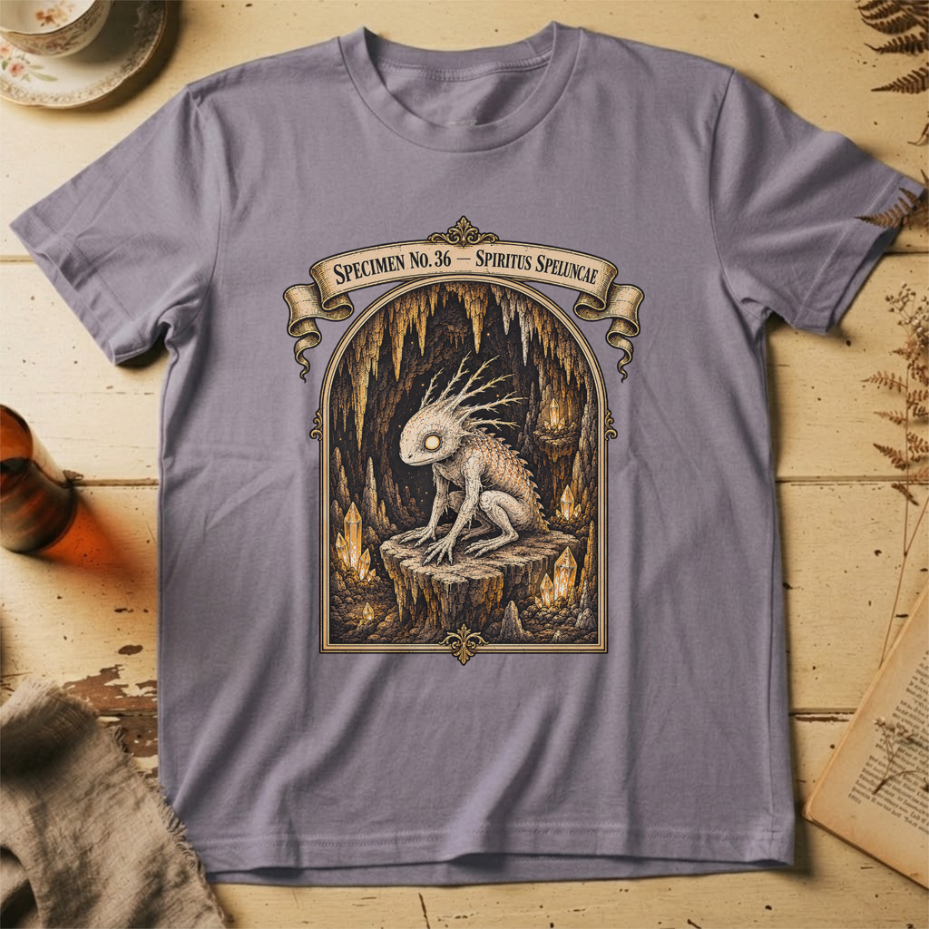 Storm grey t-shirt with a gothic illustration of a horned, single-eyed cave spirit perched on glowing crystal formations inside an arched cavern frame.