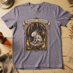 Storm grey t-shirt with a gothic illustration of a horned, single-eyed cave spirit perched on glowing crystal formations inside an arched cavern frame.