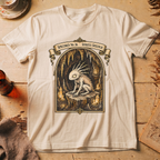 Vintage white t-shirt with a gothic illustration of a horned, single-eyed cave spirit perched on glowing crystal formations inside an arched cavern frame.
