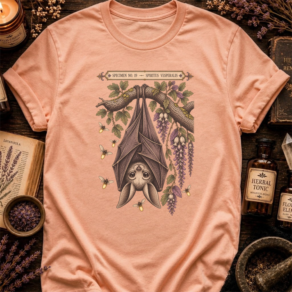 Peach t-shirt with a botanical illustration of a hanging bat spirit among wisteria blossoms and bees, framed by a Specimen No. 19 banner.