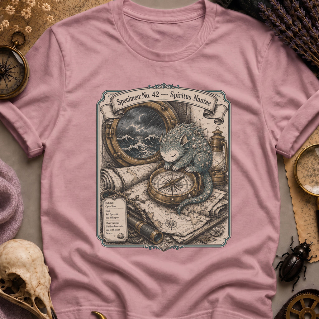 Orchid pink t-shirt with a sepia-toned illustration of a sea spirit resting a paw on a brass compass atop an antique nautical map, with a stormy porthole scene above.