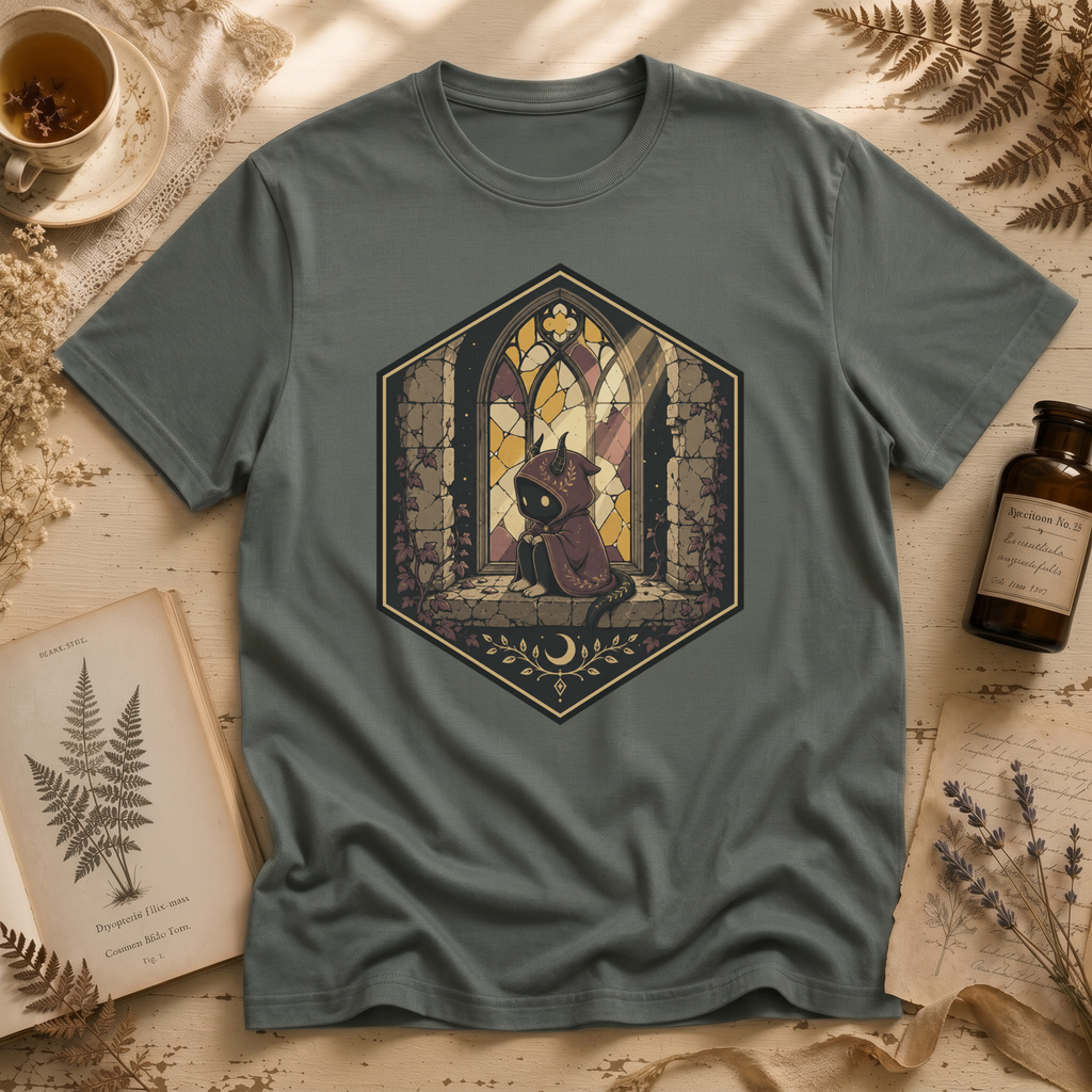 Sage green t-shirt with a stained-glass window illustration of a small hooded spirit sitting before a Gothic arched window in yellow, purple, and blue glass panels.