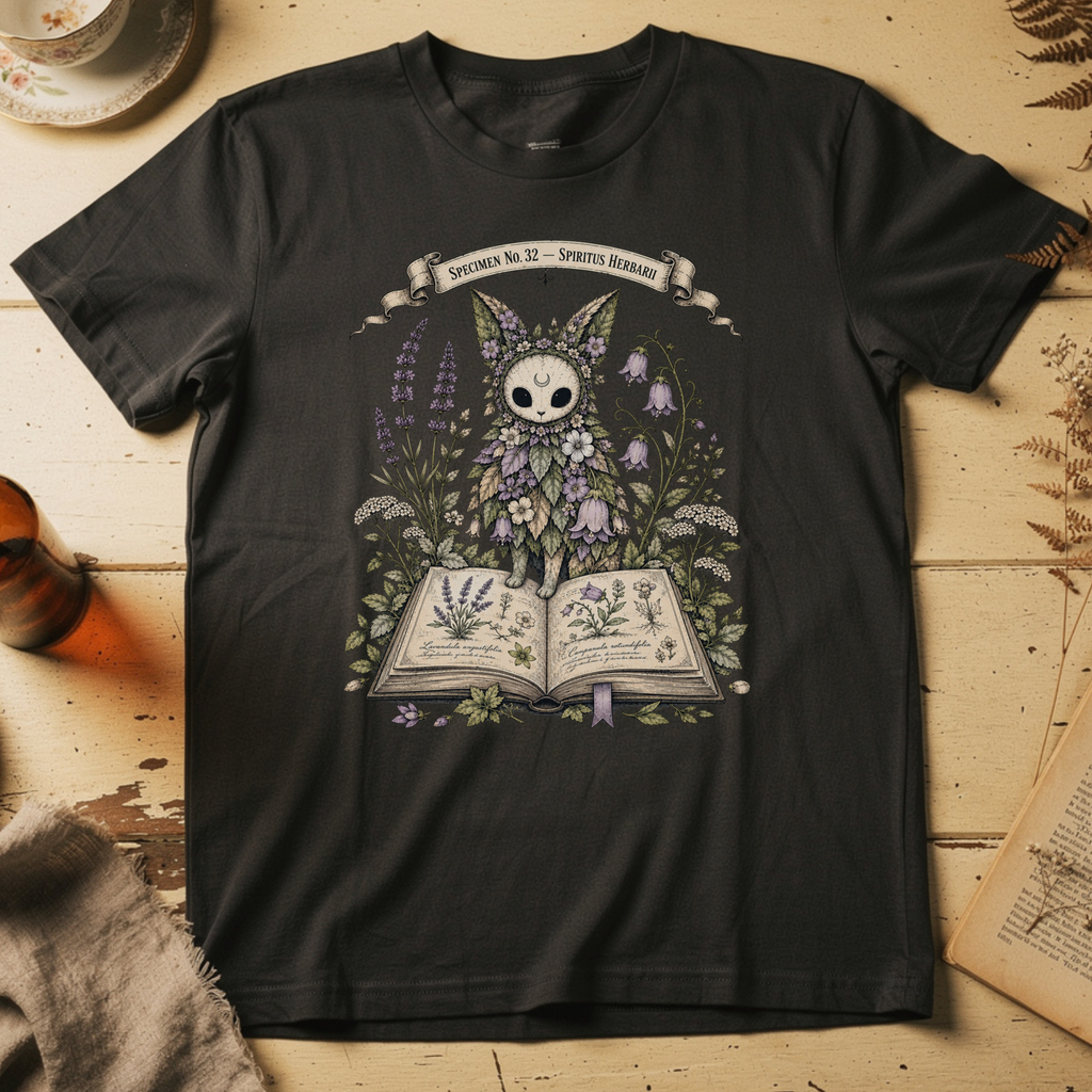 Black t-shirt with a botanical illustration of a skull-faced spirit wearing a floral crown, standing among lavender and bluebell flowers between two open books.