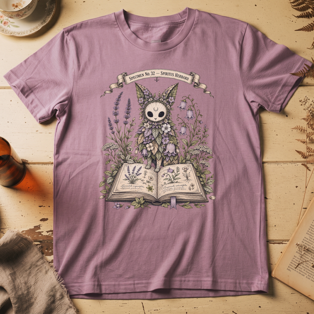 Orchid pink t-shirt with a botanical illustration of a skull-faced spirit wearing a floral crown, standing among lavender and bluebell flowers between two open books.