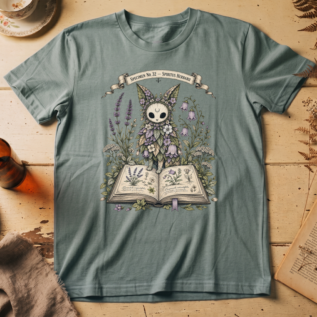 Sage green t-shirt with a botanical illustration of a skull-faced spirit wearing a floral crown, standing among lavender and bluebell flowers between two open books.