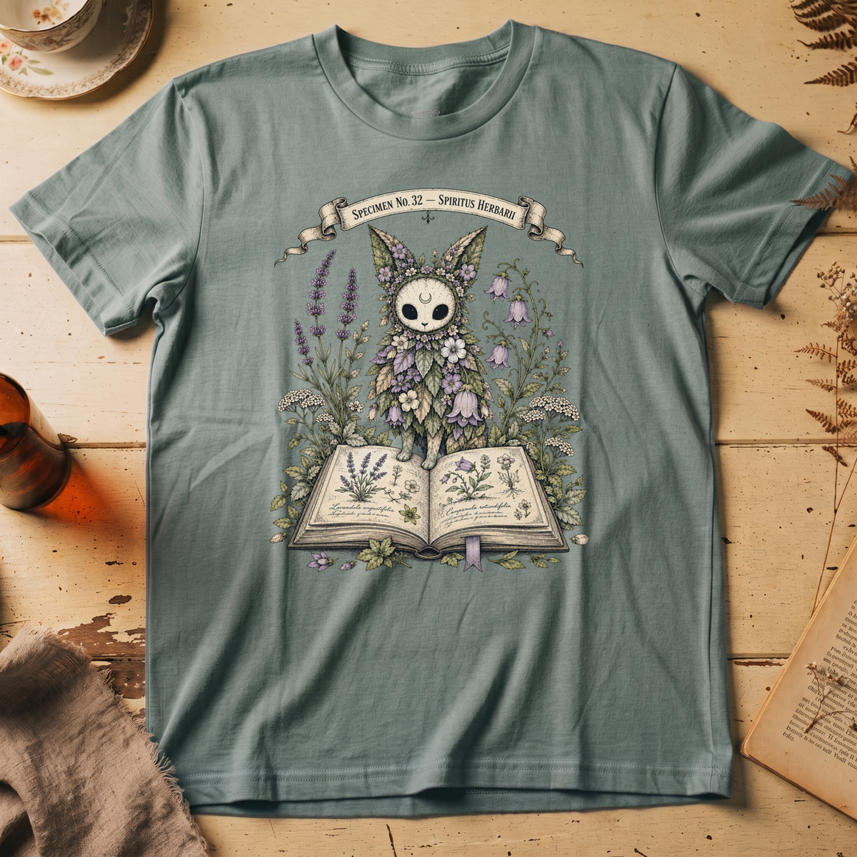 Sage green t-shirt with a botanical illustration of a skull-faced spirit wearing a floral crown, standing among lavender and bluebell flowers between two open books.