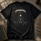 Black t-shirt with a gothic illustration of a raven-winged spirit sitting on a bare branch, holding a glowing lantern, beneath a crescent moon banner reading Specimen No. 56.