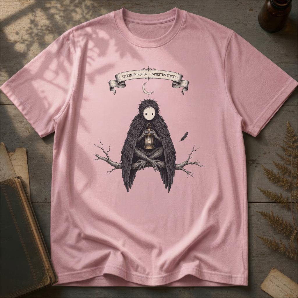 Orchid pink t-shirt with a gothic illustration of a raven-winged spirit sitting on a bare branch, holding a glowing lantern, beneath a crescent moon banner reading Specimen No. 56.