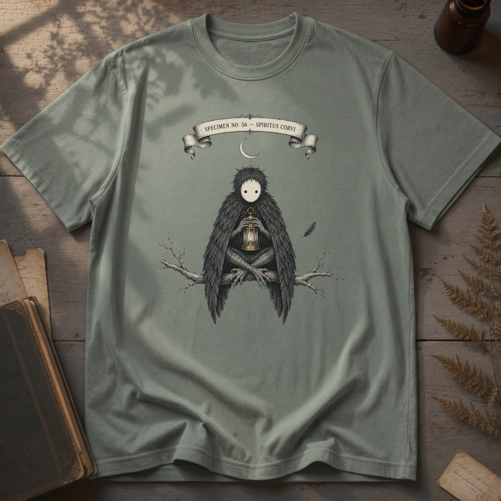 Sage green t-shirt with a gothic illustration of a raven-winged spirit sitting on a bare branch, holding a glowing lantern, beneath a crescent moon banner reading Specimen No. 56.