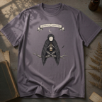 Storm grey t-shirt with a gothic illustration of a raven-winged spirit sitting on a bare branch, holding a glowing lantern, beneath a crescent moon banner reading Specimen No. 56.