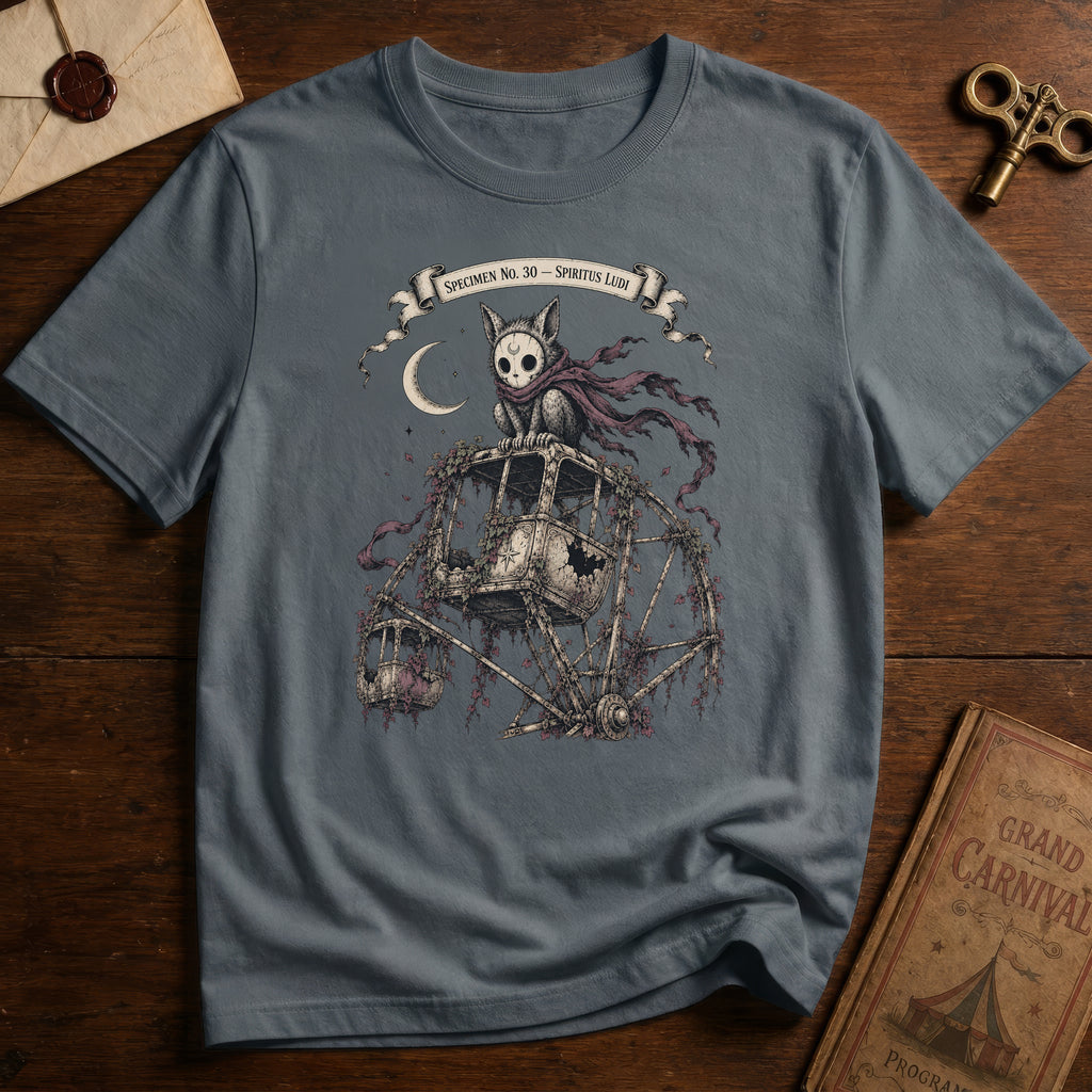 Asphalt grey t-shirt with a gothic illustration of a skeletal cat spirit with a flowing scarf riding an old mechanical ferris wheel beneath a crescent moon.