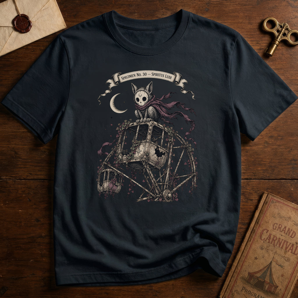 Black t-shirt with a gothic illustration of a skeletal cat spirit with a flowing scarf riding an old mechanical ferris wheel beneath a crescent moon.