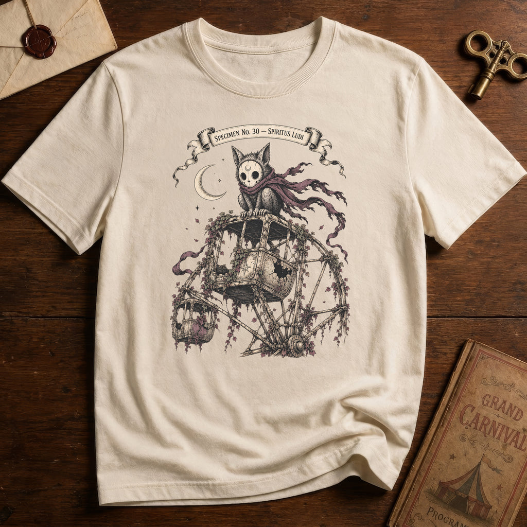 Vintage white t-shirt with a gothic illustration of a skeletal cat spirit with a flowing scarf riding an old mechanical ferris wheel beneath a crescent moon.