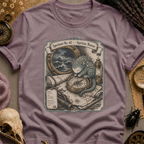 Orchid pink t-shirt with a sepia-toned illustration of a sea spirit resting a paw on a brass compass atop an antique nautical map, with a stormy porthole scene above.
