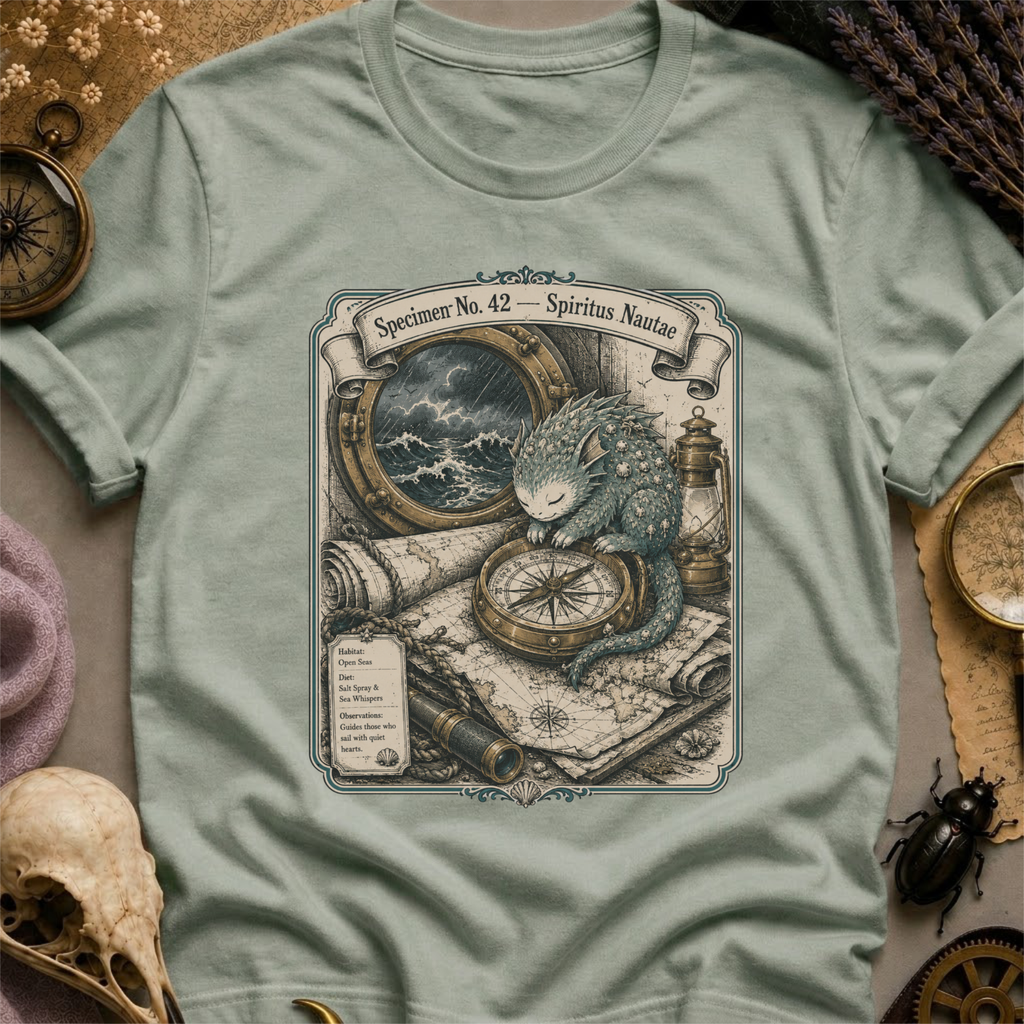 Sage green t-shirt with a sepia-toned illustration of a sea spirit resting a paw on a brass compass atop an antique nautical map, with a stormy porthole scene above.