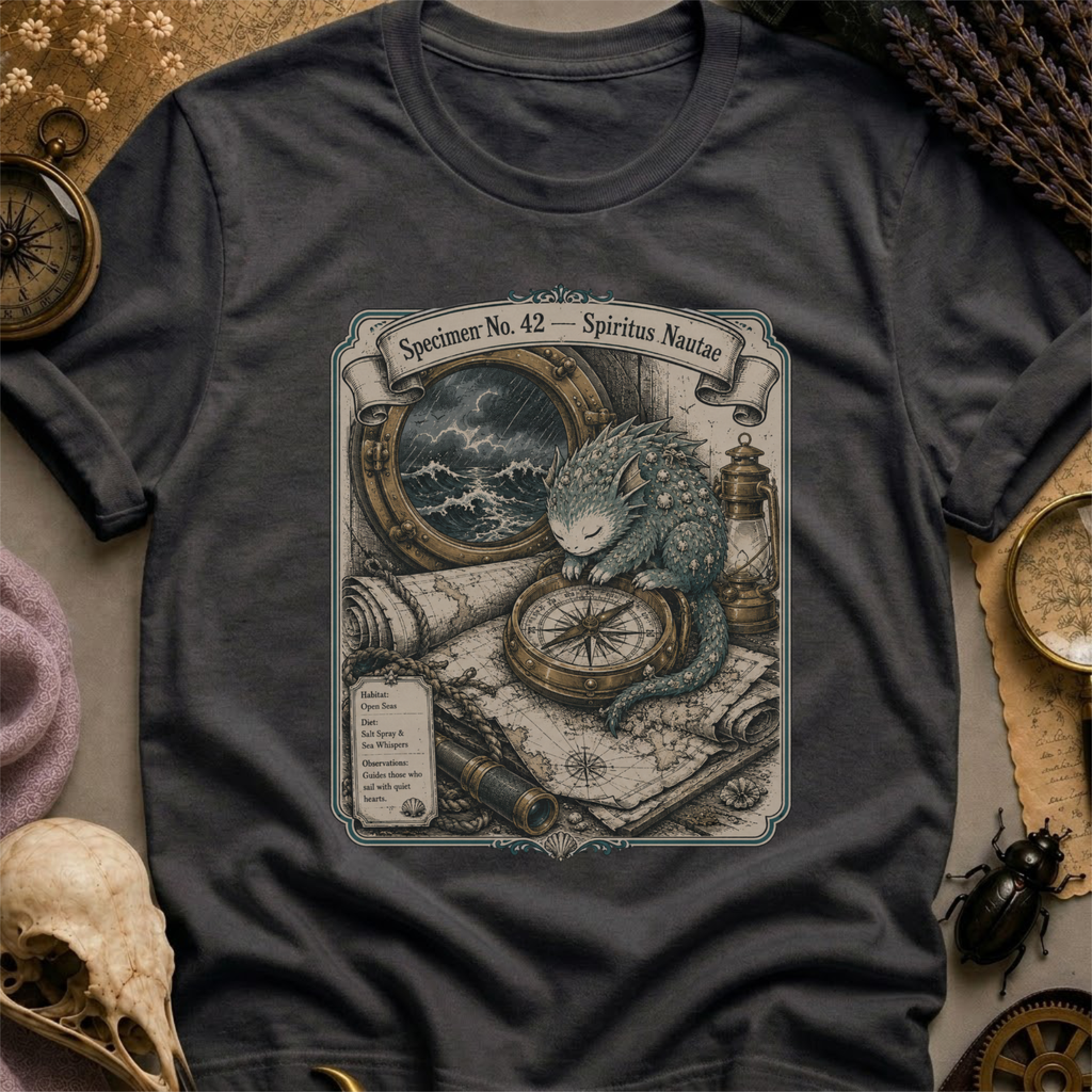 Vintage black t-shirt with a sepia-toned illustration of a sea spirit resting a paw on a brass compass atop an antique nautical map, with a stormy porthole scene above.