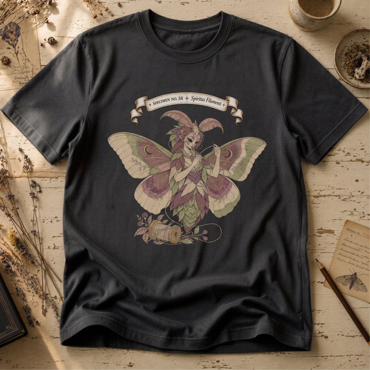Vintage black t-shirt with an illustration of a moth-winged spirit holding a strand of gold thread beside a spool and needle, surrounded by dusty pink flowers and sage leaves, beneath a banner reading Specimen No. 58.