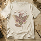 Vintage white t-shirt with an illustration of a moth-winged spirit holding a strand of gold thread beside a spool and needle, surrounded by dusty pink flowers and sage leaves, beneath a banner reading Specimen No. 58.
